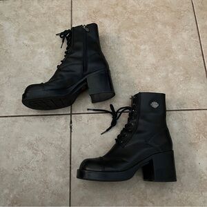 Harley Davidson Black Leather Platform Heeled Boots